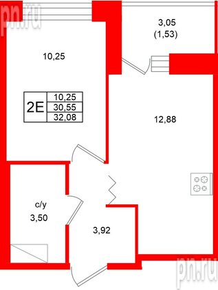 Квартира в ЖК Квартал Уютный, 1 комнатная, 32.08 м², 3 этаж