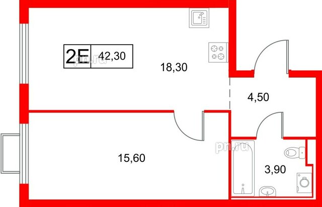 Квартира в ЖК «Янинский Лес», 1 комнатная, 42.3 м², 4 этаж