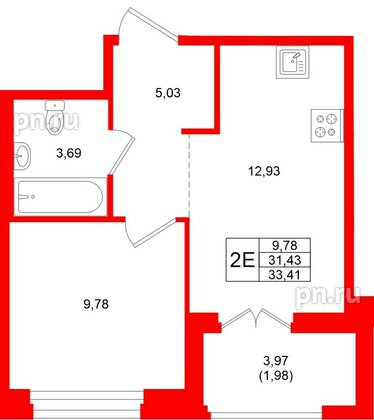 Квартира в ЖК Новатория, 1 комнатная, 33.41 м², 2 этаж
