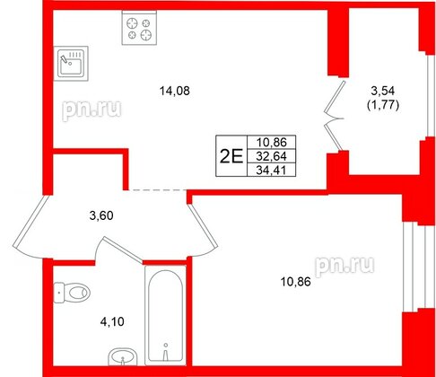 Квартира в ЖК Новатория, 1 комнатная, 34.41 м², 8 этаж