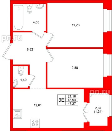 Квартира в ЖК Новатория, 2 комнатная, 47.27 м², 4 этаж