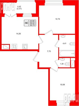 Квартира в ЖК Новатория, 2 комнатная, 52.73 м², 5 этаж