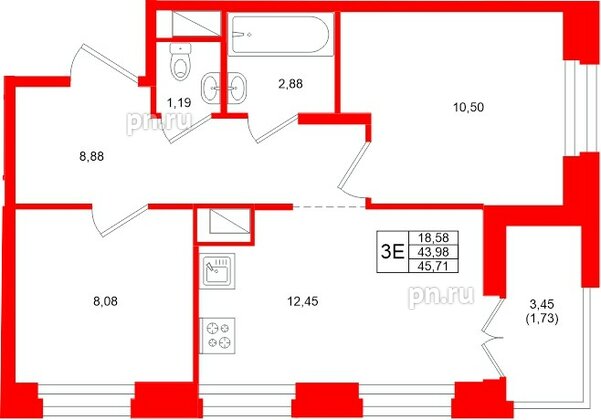 Квартира в ЖК Новатория, 2 комнатная, 45.71 м², 3 этаж