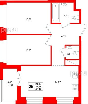 Квартира в ЖК Новатория, 2 комнатная, 49.42 м², 8 этаж
