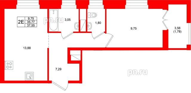 Квартира в ЖК «Новатория», 1 комнатная, 37.55 м², 1 этаж