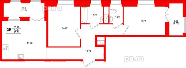 Квартира в ЖК «Новатория», 2 комнатная, 53.71 м², 5 этаж