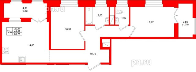 Квартира в ЖК «Новатория», 2 комнатная, 53.71 м², 10 этаж
