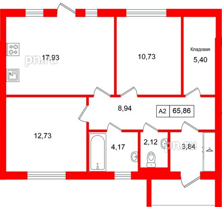 Квартира в ЖК СветЛО, 2 комнатная, 65.86 м², 1 этаж