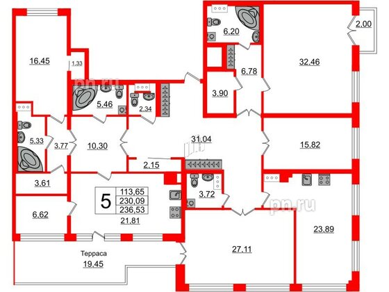 Квартира в ЖК Петровский Квартал на воде, 5 комнатная, 231.7 м², 7 этаж