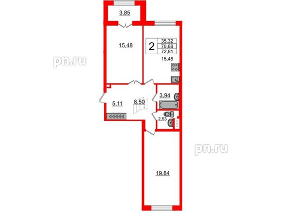 Квартира в ЖК Петровский Квартал на воде, 2 комнатная, 71.4 м², 1 этаж