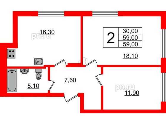 Квартира в ЖК Стерео, 2 комнатная, 59 м², 1 этаж