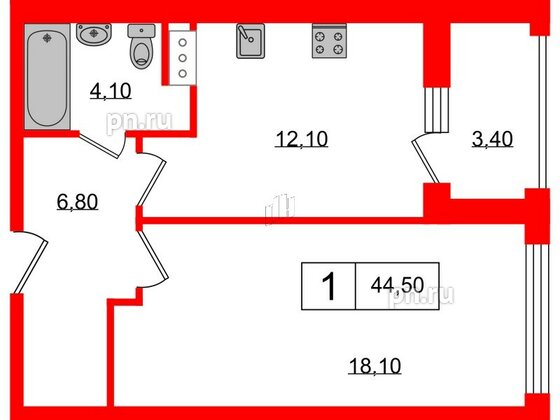 Апартаменты в ЖК PROMENADE, 1 комнатные, 44.5 м², 5 этаж