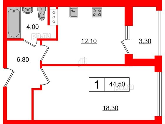 Апартаменты в ЖК PROMENADE, 1 комнатные, 44.5 м², 11 этаж