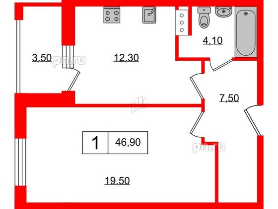 Апартаменты в ЖК PROMENADE, 1 комнатные, 46.9 м², 11 этаж