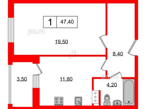 Апартаменты в ЖК PROMENADE, 1 комнатные, 47.4 м², 13 этаж