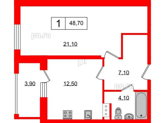 Апартаменты в ЖК PROMENADE, 1 комнатные, 48.7 м², 3 этаж