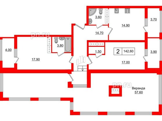 Апартаменты в ЖК PROMENADE, 2 комнатные, 142.6 м², 15 этаж