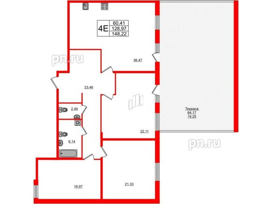 Квартира в ЖК PROMENADE, 3 комнатная, 144.6 м², 3 этаж