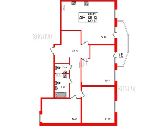 Квартира в ЖК PROMENADE, 3 комнатная, 127.1 м², 4 этаж