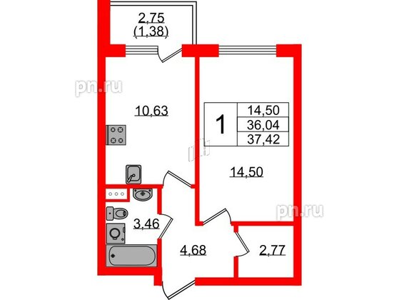 Апартаменты в ЖК VALO, 1 комнатные, 35.7 м², 7 этаж