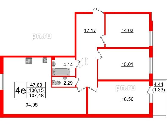 Квартира в ЖК TESORO, 3 комнатная, 107 м², 2 этаж