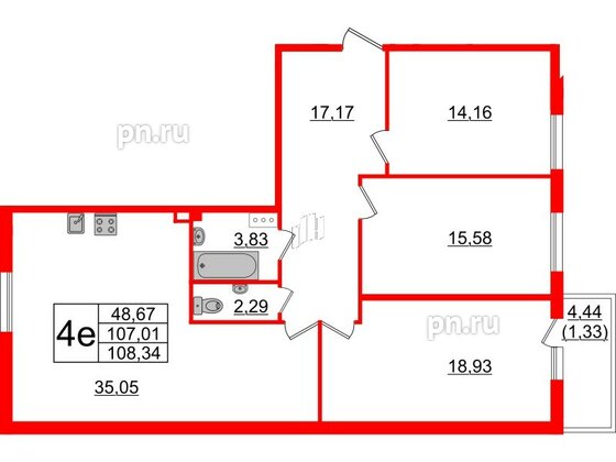 Квартира в ЖК TESORO, 3 комнатная, 107.9 м², 3 этаж