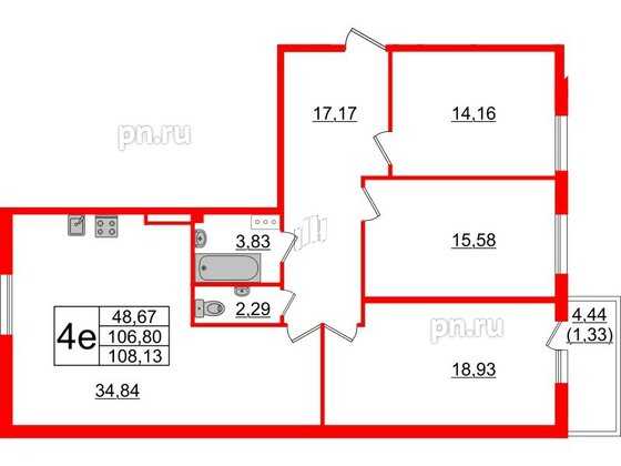 Квартира в ЖК TESORO, 3 комнатная, 108.1 м², 8 этаж