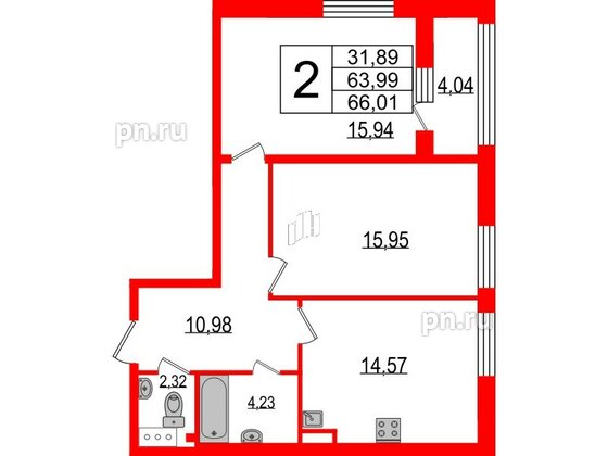 Квартира в ЖК TESORO, 2 комнатная, 65.3 м², 5 этаж