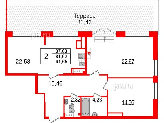 Квартира в ЖК TESORO, 2 комнатная, 92.9 м², 9 этаж