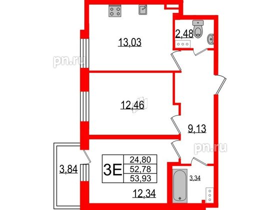 Квартира в ЖК TESORO, 2 комнатная, 53.8 м², 5 этаж