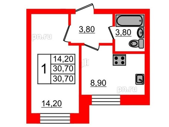 Квартира в ЖК 'Приневский', 1 комнатная, 30.7 м², 1 этаж