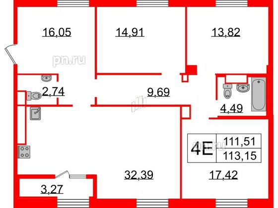 Квартира в ЖК Neva Haus, 3 комнатная, 113.6 м², 9 этаж