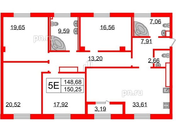 Квартира в ЖК Neva Haus, 4 комнатная, 150.5 м², 9 этаж