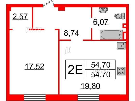 Квартира в ЖК Neva Haus, 1 комнатная, 54.4 м², 1 этаж