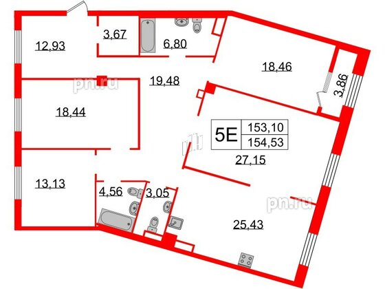 Квартира в ЖК Neva Haus, 4 комнатная, 154.8 м², 6 этаж