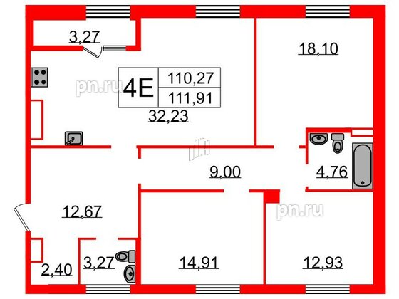 Квартира в ЖК Neva Haus, 3 комнатная, 112.2 м², 9 этаж