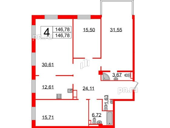 Квартира в ЖК Neva Haus, 4 комнатная, 146.2 м², 4 этаж