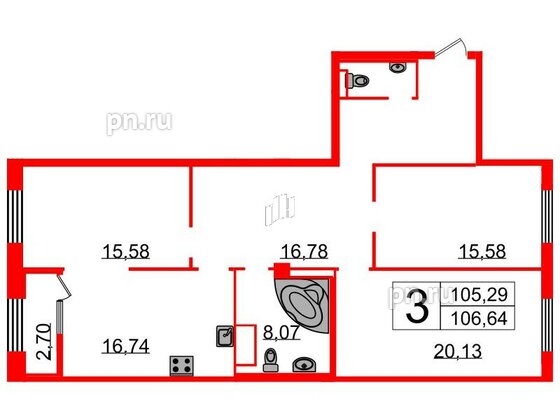 Квартира в ЖК Neva Haus, 3 комнатная, 106.2 м², 9 этаж