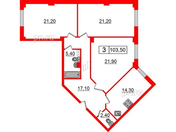 Квартира в ЖК Юбилейный квартал, 3 комнатная, 103.5 м², 2 этаж