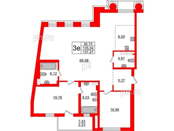 Квартира в ЖК 'Приоритет', 2 комнатная, 139.1 м², 5 этаж