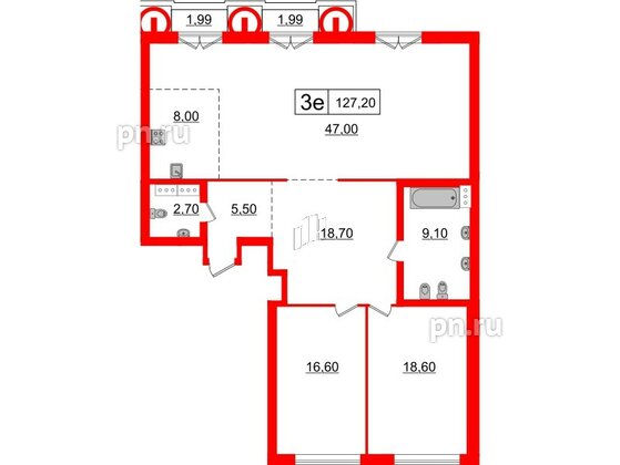 Квартира в ЖК 'Приоритет', 2 комнатная, 127.2 м², 3 этаж