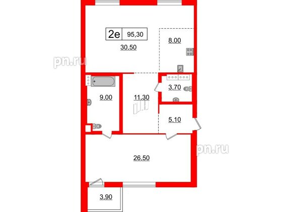 Квартира в ЖК 'Приоритет', 1 комнатная, 95.3 м², 4 этаж