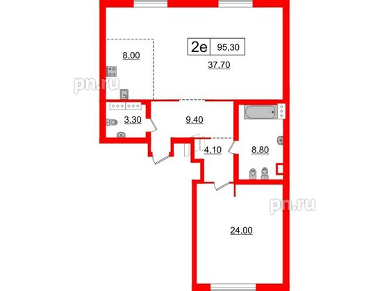 Квартира в ЖК 'Приоритет', 1 комнатная, 95.3 м², 4 этаж