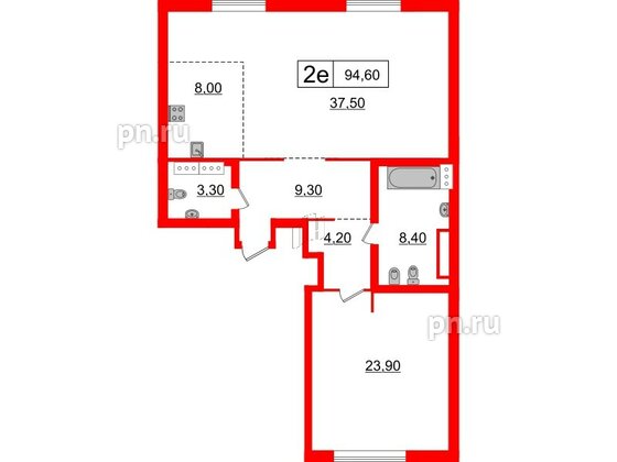 Квартира в ЖК 'Приоритет', 1 комнатная, 94.6 м², 6 этаж