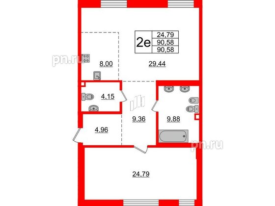 Квартира в ЖК 'Приоритет', 1 комнатная, 93.8 м², 2 этаж