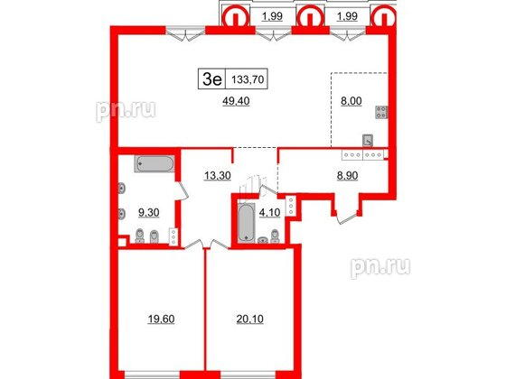 Квартира в ЖК 'Приоритет', 2 комнатная, 133.7 м², 3 этаж