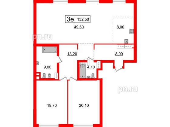 Квартира в ЖК 'Приоритет', 2 комнатная, 132.5 м², 4 этаж