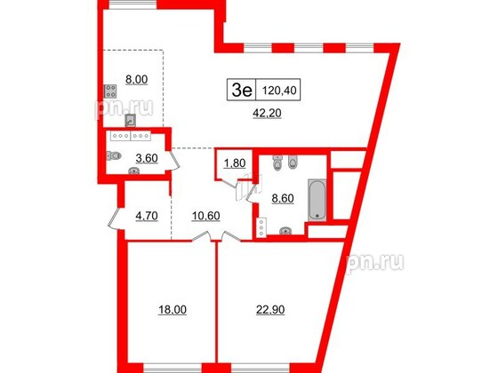 Квартира в ЖК 'Приоритет', 2 комнатная, 120.4 м², 5 этаж