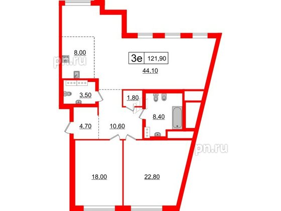 Квартира в ЖК 'Приоритет', 2 комнатная, 121.9 м², 6 этаж