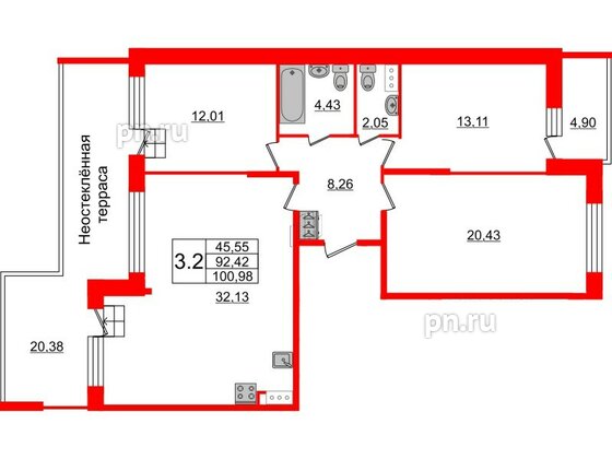 Квартира в ЖК Притяжение, 3 комнатная, 92.42 м², 9 этаж